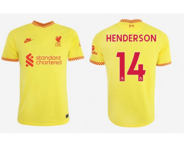Womens 2021/22 Liverpool Third #14 Jordan Henderson Authentic Yellow Jersey Womens 2021/22 Liverpool Third #14 Jordan Henderson Authentic Yellow Jersey