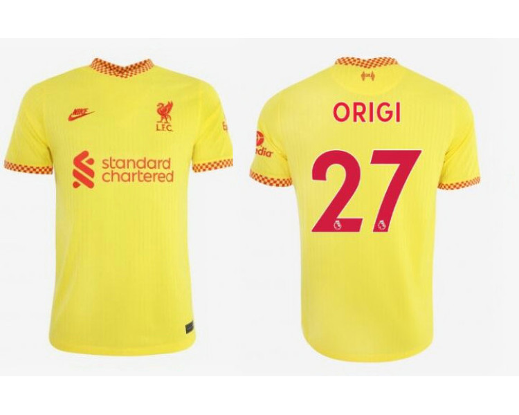 2021/22 Liverpool Third #27 Divock Origi Replica Yellow Jersey 2021/22 Liverpool Third #27 Divock Origi Replica Yellow Jersey