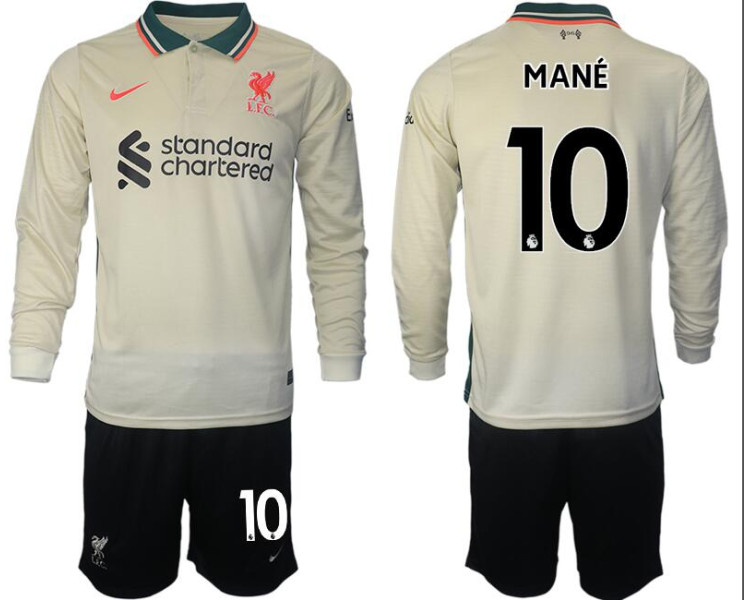 YOUTH 2021/22 Liverpool 10 Sadio Mane long sleeve Away White Jersey (With Shorts) YOUTH 2021/22 Liverpool 10 Sadio Mane long sleeve Away White Jersey (With Shorts)