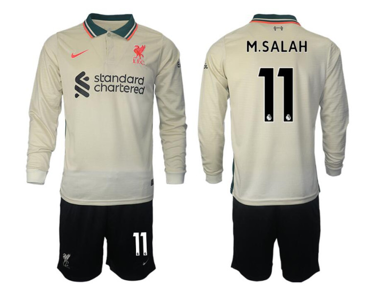 YOUTH 2021/22 Liverpool 11 Mohamed Salah long sleeve Away White Jersey (With Shorts) YOUTH 2021/22 Liverpool 11 Mohamed Salah long sleeve Away White Jersey (With Shorts)