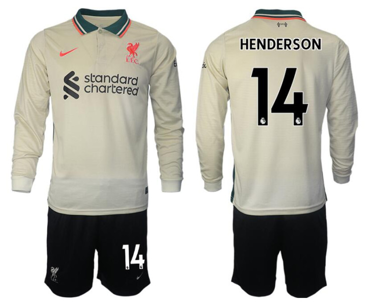 2021/22 Liverpool 14 Jordan Henderson long sleeve Away White Jersey (With Shorts) 2021/22 Liverpool 14 Jordan Henderson long sleeve Away White Jersey (With Shorts)