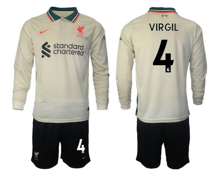 2021/22 Liverpool 4 Virgil Van Dijk long sleeve Away White Jersey (With Shorts) 2021/22 Liverpool 4 Virgil Van Dijk long sleeve Away White Jersey (With Shorts)