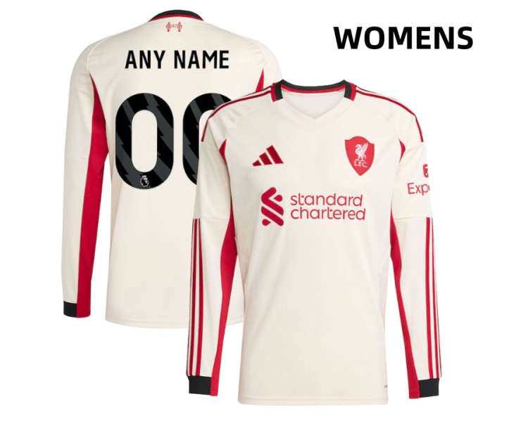 Women's Customize 2025-2026 Liverpool Authentic White Away Long Sleeve Jersey Women's Customize 2025-2026 Liverpool Authentic White Away Long Sleeve Jersey
