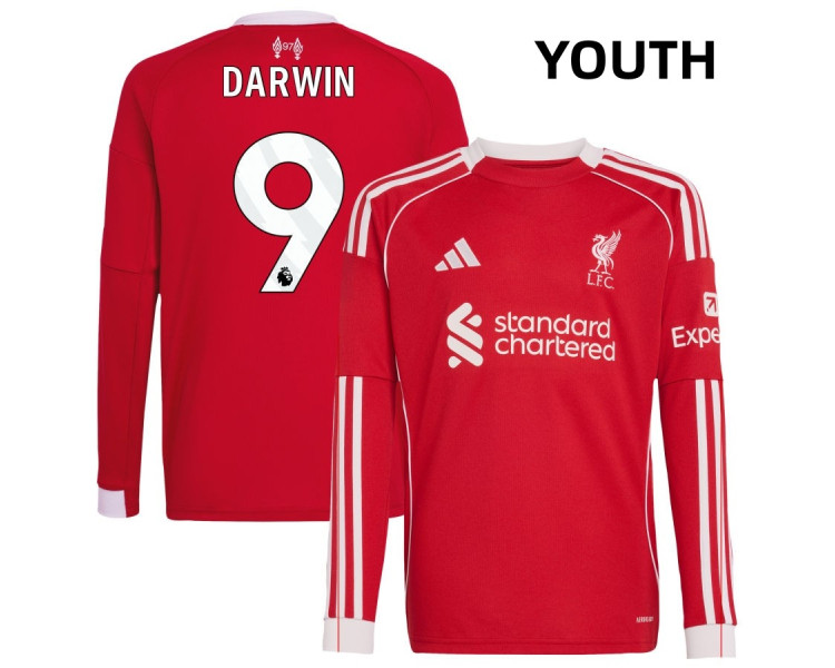 Youth 2025-2026 Liverpool Darwin Nunez Darwin 9 Authentic Red Home Long Sleeve Jersey Youth 2025-2026 Liverpool Darwin Nunez Darwin 9 Authentic Red Home Long Sleeve Jersey