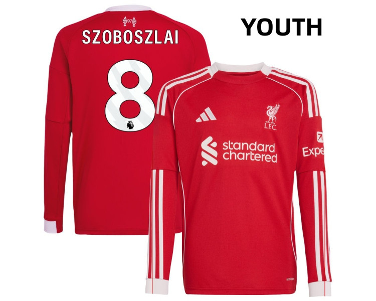 Youth 2025-2026 Liverpool Dominik Szoboszlai 8 Authentic Red Home Long Sleeve Jersey Youth 2025-2026 Liverpool Dominik Szoboszlai 8 Authentic Red Home Long Sleeve Jersey