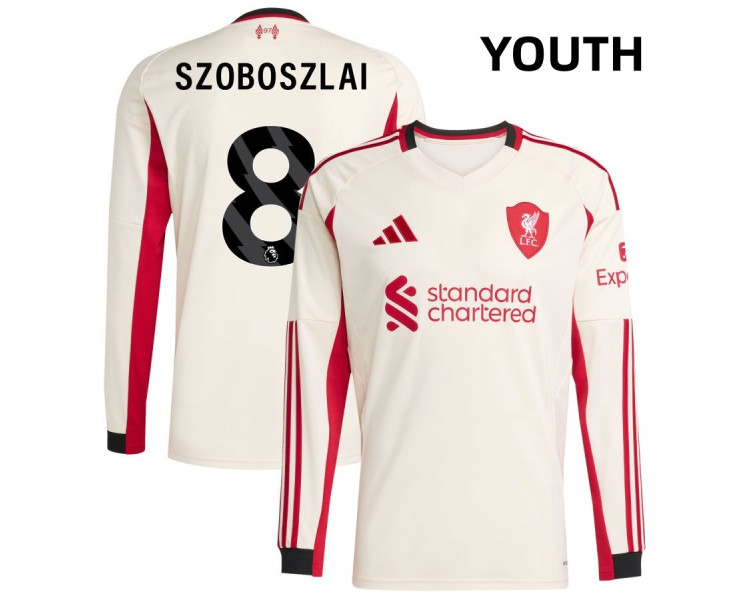 Youth 2025-2026 Liverpool Dominik Szoboszlai 8 Replica White Away Long Sleeve Jersey Youth 2025-2026 Liverpool Dominik Szoboszlai 8 Replica White Away Long Sleeve Jersey