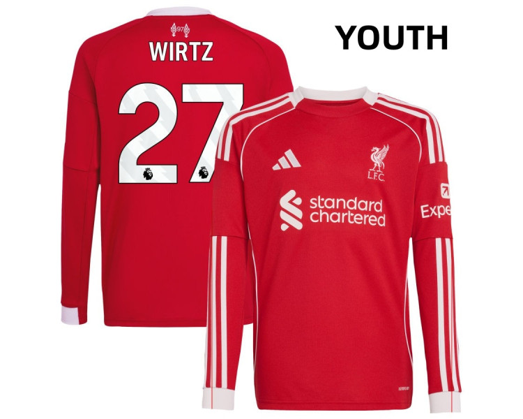 Youth 2025-2026 Liverpool Florian Wirtz 27 Replica Red Home Long Sleeve Jersey Youth 2025-2026 Liverpool Florian Wirtz 27 Replica Red Home Long Sleeve Jersey