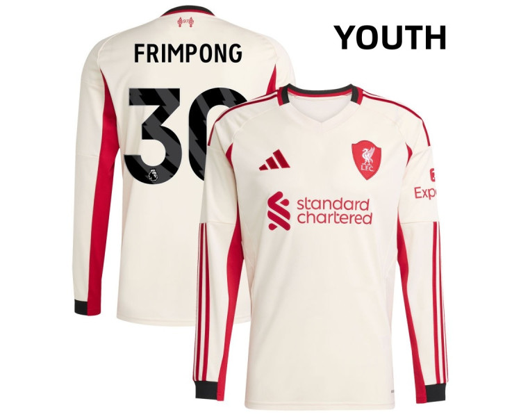 Youth 2025-2026 Liverpool Jeremie Frimpong 30 Replica White Away Long Sleeve Jersey Youth 2025-2026 Liverpool Jeremie Frimpong 30 Replica White Away Long Sleeve Jersey