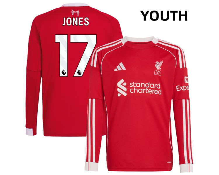 Youth 2025-2026 Liverpool Jones Curtis 17 Authentic Red Home Long Sleeve Jersey Youth 2025-2026 Liverpool Jones Curtis 17 Authentic Red Home Long Sleeve Jersey