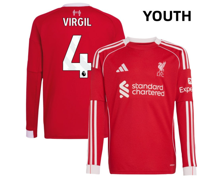 Youth 2025-2026 Liverpool Virgil Virgil 4 Replica Red Home Long Sleeve Jersey Youth 2025-2026 Liverpool Virgil Virgil 4 Replica Red Home Long Sleeve Jersey