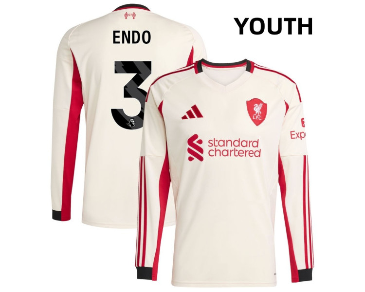 Youth 2025-2026 Liverpool Wataru Endo 3 Authentic White Away Long Sleeve Jersey Youth 2025-2026 Liverpool Wataru Endo 3 Authentic White Away Long Sleeve Jersey