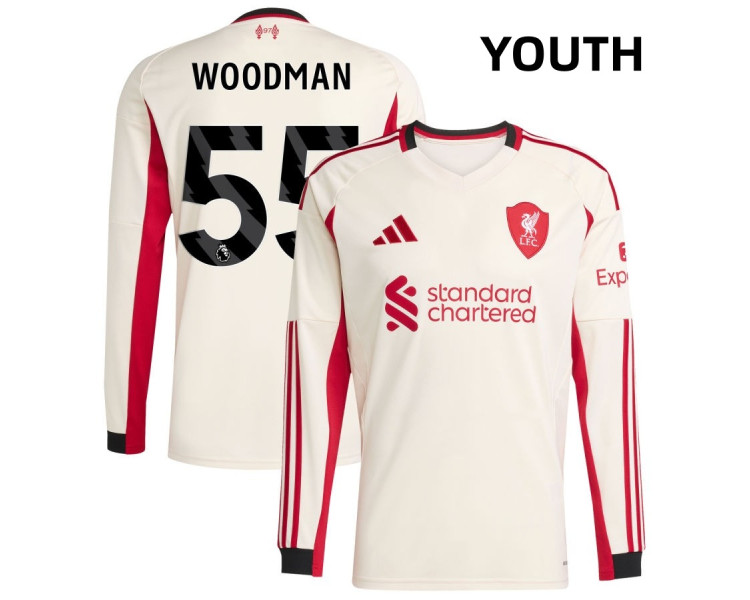 Youth 2025-2026 Liverpool Woodman FWhitedie 55 Replica White Away Long Sleeve Jersey Youth 2025-2026 Liverpool Woodman FWhitedie 55 Replica White Away Long Sleeve Jersey