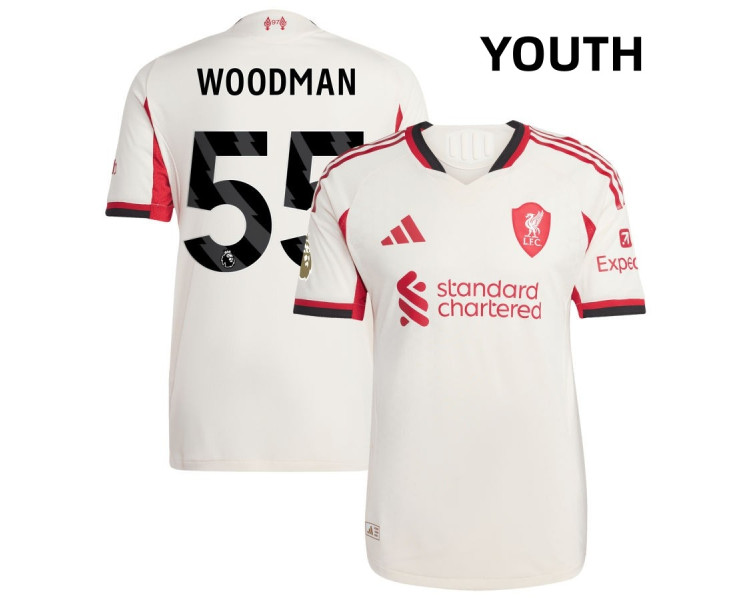 Youth 2025-2026 Liverpool Woodman FWhitedie 55 Replica White Away Jersey Youth 2025-2026 Liverpool Woodman FWhitedie 55 Replica White Away Jersey