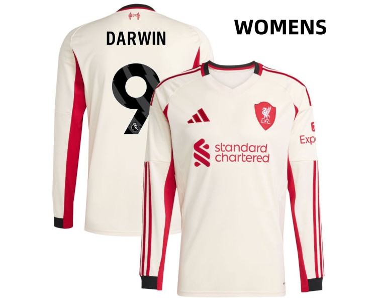 Women's 2025-2026 Liverpool Darwin Nunez Darwin 9 Authentic White Away Long Sleeve Jersey Women's 2025-2026 Liverpool Darwin Nunez Darwin 9 Authentic White Away Long Sleeve Jersey