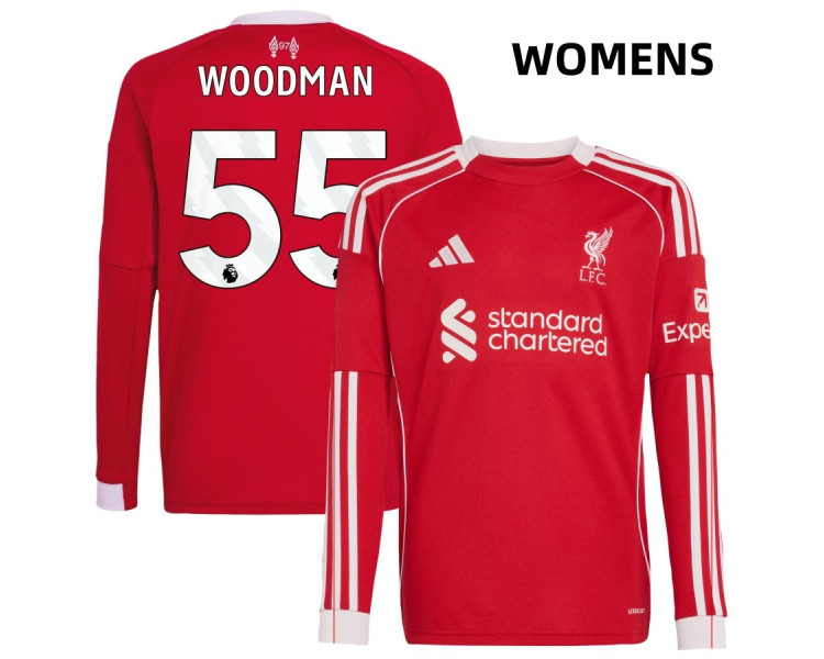 Women's 2025-2026 Liverpool Freddie Woodman 55 Authentic Red Home Long Sleeve Jersey Women's 2025-2026 Liverpool Freddie Woodman 55 Authentic Red Home Long Sleeve Jersey