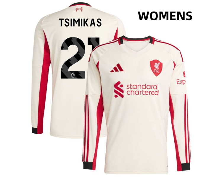 Women's 2025-2026 Liverpool Konstantinos Tsimikas 21 Authentic White Away Long Sleeve Jersey Women's 2025-2026 Liverpool Konstantinos Tsimikas 21 Authentic White Away Long Sleeve Jersey