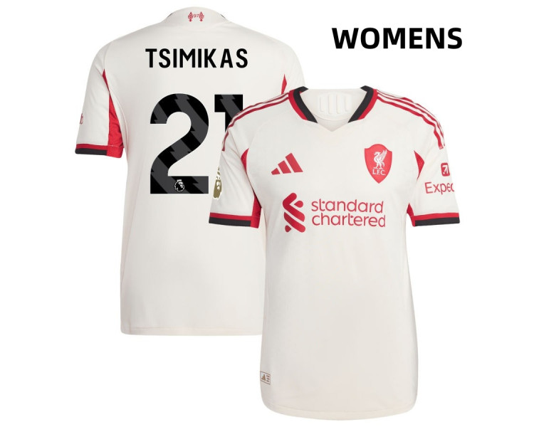 Women's 2025-2026 Liverpool Konstantinos Tsimikas 21 Replica White Away Jersey Women's 2025-2026 Liverpool Konstantinos Tsimikas 21 Replica White Away Jersey